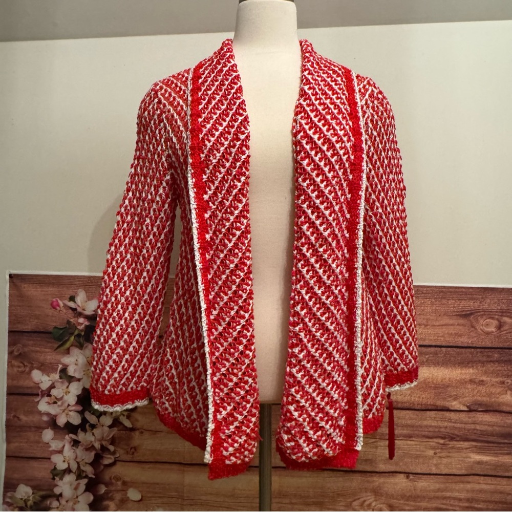 Ruby Rd Red & White Open Knit Cardigan Sweater | NWOT | Medium